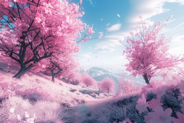 Poster - A scenic view of a pink landscape with trees and bushes in the foreground, ideal for travel or nature-inspired designs