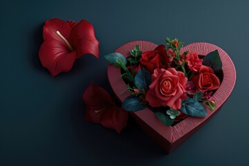 Poster - A decorative heart-shaped box filled with bright red flowers