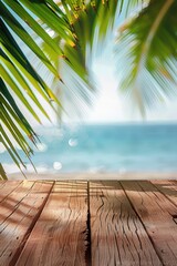 Poster - A wooden table overlooking the ocean with a beautiful scenic view