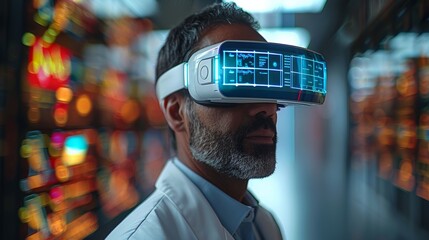 Poster - A doctor wearing a sleek white lab coat and augmented reality glasses, examining a patient's holographic medical data projected onto a transparent screen in a futuristic medical clinic.