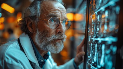 Poster - A doctor, wearing glasses and a lab coat, carefully reviewing X-ray images on a lightbox in a dimly lit hospital radiology department.