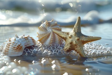 Poster - Coastal scene with two starfish and a shell on a sandy beach
