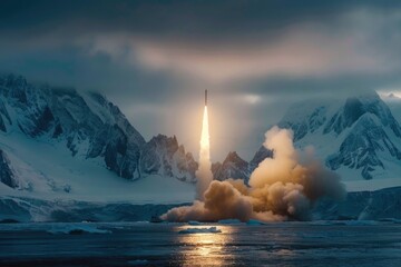 Poster - A rocket blasting off into space with a mountain range in the background, perfect for use in astronomy or adventure themed projects