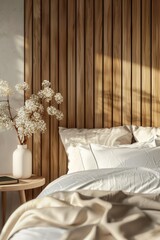Poster - A cozy bedroom scene with a white comforter and a vase of fresh flowers
