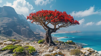 Red Blooming Tree Overlooking a Turquoise Bay