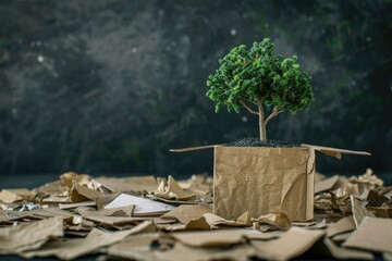 Poster - A small tree is placed in a cardboard box on a table