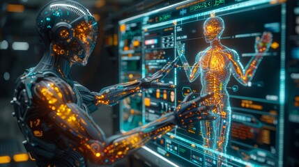 Poster - A futuristic medical interface that utilizes augmented reality to overlay medical data onto a patient's body, providing real-time guidance during examinations and procedures.