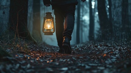 Poster - A person walks through a forest at night, carrying a lantern for light
