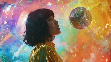 Poster - A woman looks up at a shiny disco ball with a mix of fascination and joy, providing a unique atmosphere for parties or celebrations