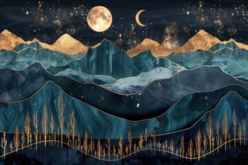 Gold Waves. Asian Inspired Three-Dimensional Night Landscape Painting with Abstract Golden Trees