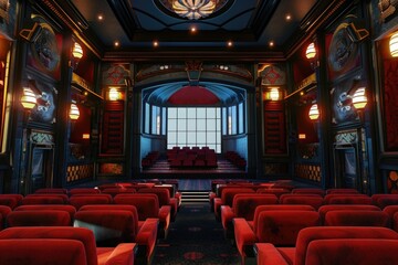 Poster - A traditional theater hall with red seats and a chandelier, ideal for events or performances