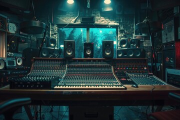 Poster - Professional audio recording studio setup with various sound gear and instruments