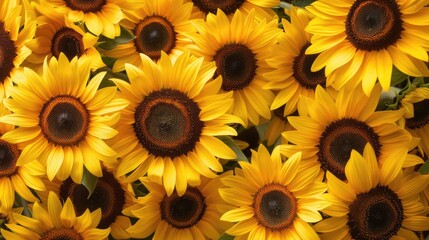 Aufkleber - A large group of yellow sunflowers growing together in a sunny field, perfect for use as a bright and cheerful background or illustration