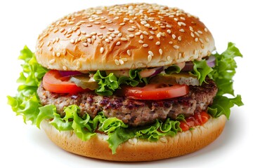 Wall Mural - Delicious Juicy Cheeseburger with Fresh Vegetables and Sesame Seed Bun