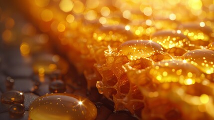 Leinwandbilder - A macro photograph of a honeycomb filled with golden honey droplets, glistening under a warm light.