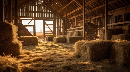 Canvas Print - Hayloft interior with hay-bales and sun rays.