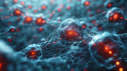 Aufkleber - A microscopic view of a complex biological pathway, with intricate connections and interactions between molecules, representing the challenges and opportunities of medical research.