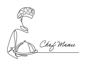 Wall Mural - Continuous one line drawing of chef give tasting good gesture while serving main dish at restaurant. Chef menu. Delicious food taste trendy one line hand drawn vector illustration minimalism 