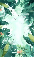 A blank space for text sits in the center of an illustrated background with light green leaves and flowers, surrounded by various types of jungle foliage