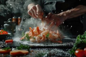 Wall Mural - Professional cook prepares shrimp and vegetable seafood dish. Healthy  Eastern cuisine.