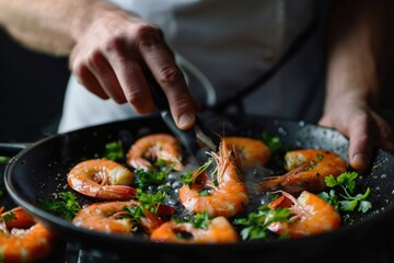 Chef cooks shrimp and greens  healthy vegetarian dish on dark background.