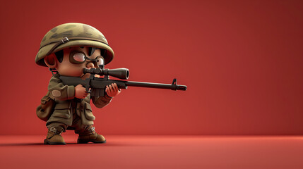 3D cartoon soldier with a determined expression ready for shoot on isolate