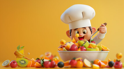 Wall Mural - 3d Cartoon Chef making a colorful fruit salad yellow background