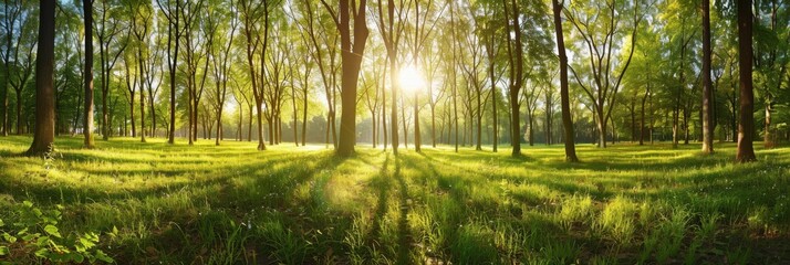 deciduous forest. beautiful green panorama in warm summer sunlight