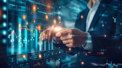 Poster - Businessman interacts with holographic financial data and graphs in a futuristic setting. Conceptual digital representation of fintech and stock market analysis.