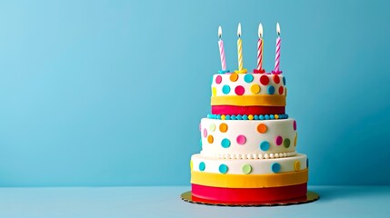 Sticker - Colorful polka dot birthday cake with candles on top. Designed for celebrations and parties. Bright three-tier cake against blue background. Fun and festive dessert for special occasions. AI