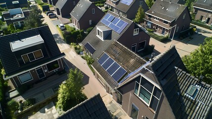 Poster - Newly build houses with solar panels attached on the roof  Black solar photovoltaic panels on a house roof green energy transition in the Netherlands solar power energy : Generative AI
