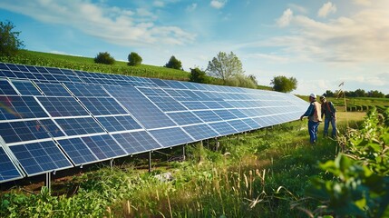 Poster - Farmers check the operation of solar cell panels for farming Modern agriculture Clean energy : Generative AI