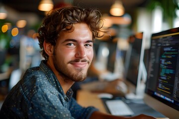 Wall Mural - Young Programmer Smiling at Work in a Modern Office Environment