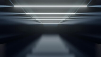 Poster - Abstract seamless looped animation of space from glowing neon light tubes of astera on black background and moving forward within a dark tunnel. 4K footage video loop. Empty space. 3d animation 