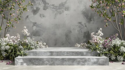 Poster - Front view of the stone podium showcases products in a garden with flowers plants and branches Empty platform : Generative AI