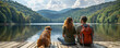 © DJSPIDA FOTO - Wooden lake dock scene with happy family and dog, looking at green forest mountains and natural landscape