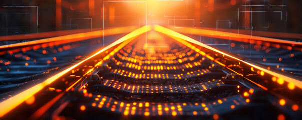 Fototapete - Railway tracks with futuristic digital background, featuring data and graphs that highlight technological advancements in train transport