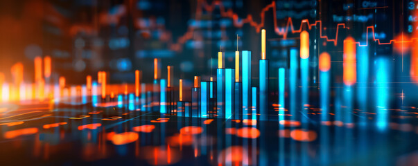 Leinwandbilder - Digital stock market background with charts and graphs, double exposure photography, blurred orange, indigo, and gunmetal colors, cinematic lighting