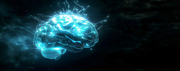Fototapete - 3D rendering of circuit board brain on black background, soft blue and white lighting, creating an innovative atmosphere