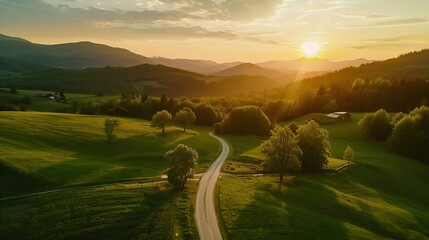 Poster - Aerial view of road in green meadows at sunset in summer Top view from drone of rural road mountains forest Beautiful landscape with roadway sun rays trees hills green grass clouds Slo : Generative AI