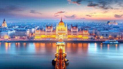 Illuminated historical building in Budapest at dusk, vibrant cityscape, architectural marvel