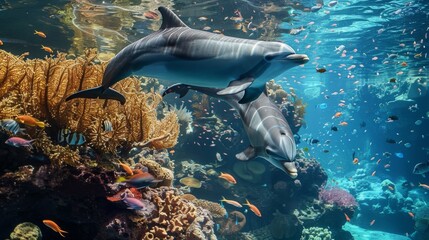 Poster - two dolphins swimming around the coral reef, with fish and sea plants in the background, showing an under water view