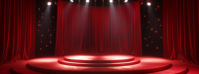 Red stage with red curtain and light bulbs. theater, show or festival background with empty podium for product presentation
