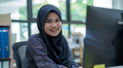 Aufkleber - Happy Asian Muslim Woman working at desk in office Businesswoman and accountant : Generative AI