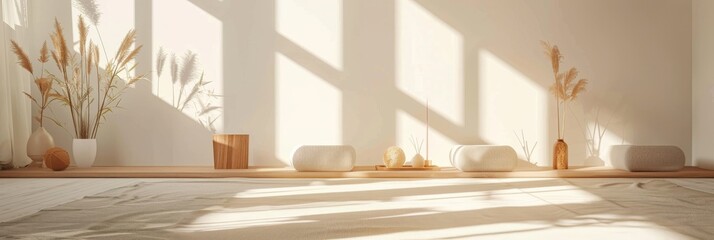 Poster - A serene and minimalist yoga studio with natural light streaming through the windows, featuring dried flowers and a calming atmosphere
