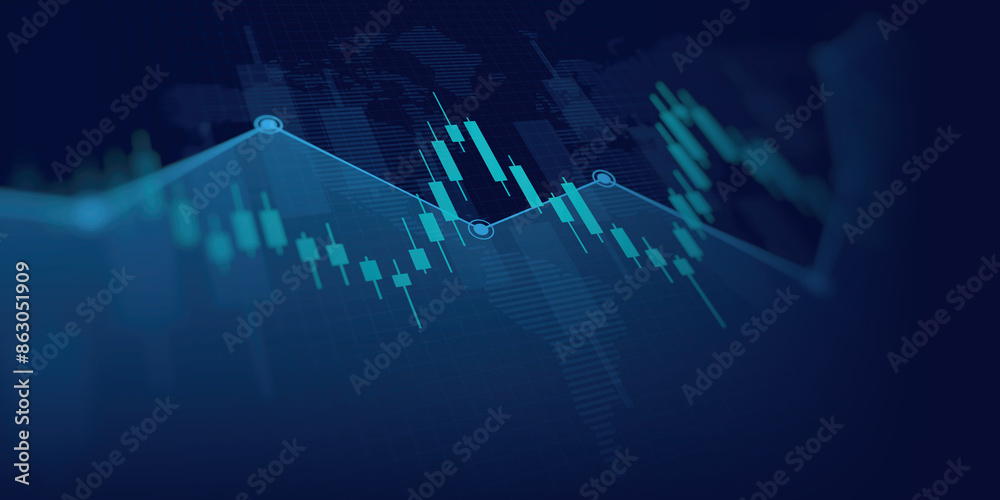 Widescreen abstract financial chart with uptrend line graph and world ...