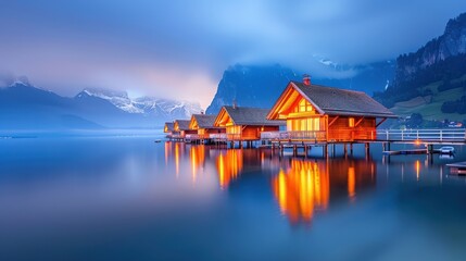 Wall Mural - Wooden stilt houses at twilight on a foggy lake, serene reflections, peaceful setting 