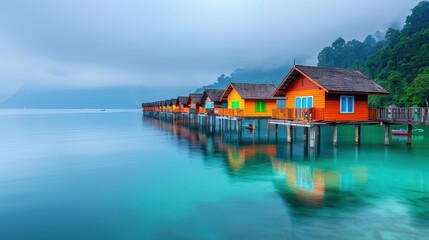 Wall Mural - Wooden stilt houses in the foggy dawn, tranquil and mysterious, calm waters