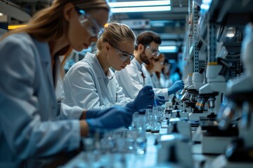 Poster - scientists working in modern laboratory setting with microscopes