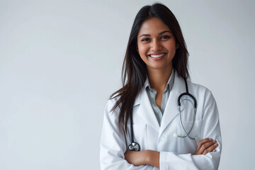 Young woman doctor in white coat and stethoscope with crossed arms on light background Generative AI